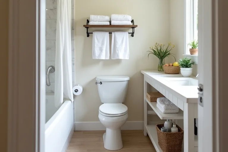 A small bathroom with practical storage shelves, baskets, and a clear countertop that feels organized and open.