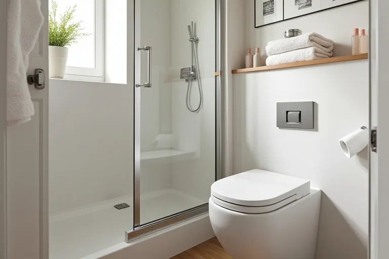 Small bathroom with practical wall shelves above the toilet and a compact shower caddy for vertical storage