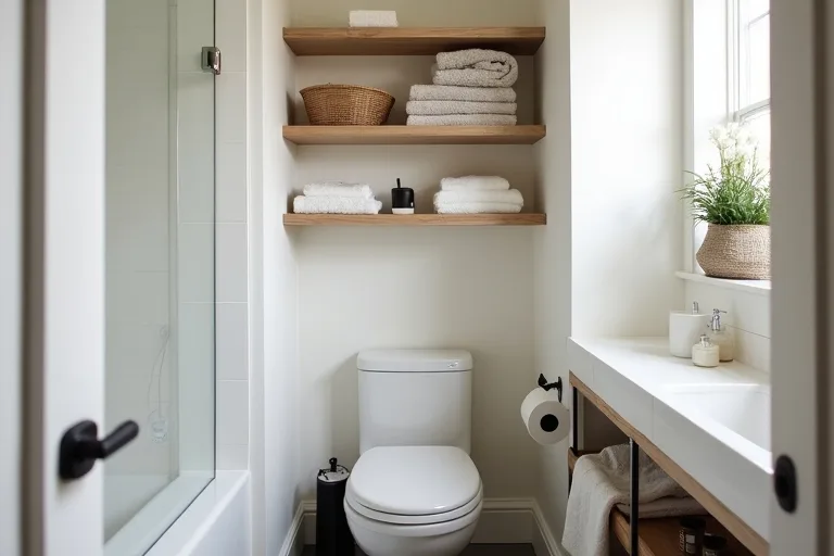 A compact bathroom counter with only a few daily items left out and the rest stored away.