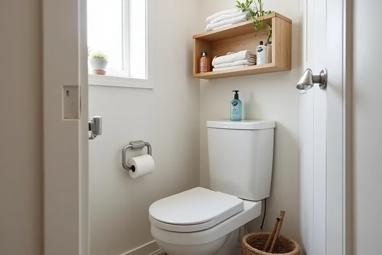 Small bathroom showing vertical storage used efficiently with shelves and compact accessories