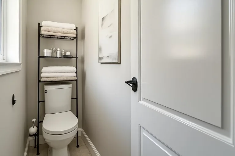 Compact bathroom wall shelving used to store towels and toiletries without crowding the room