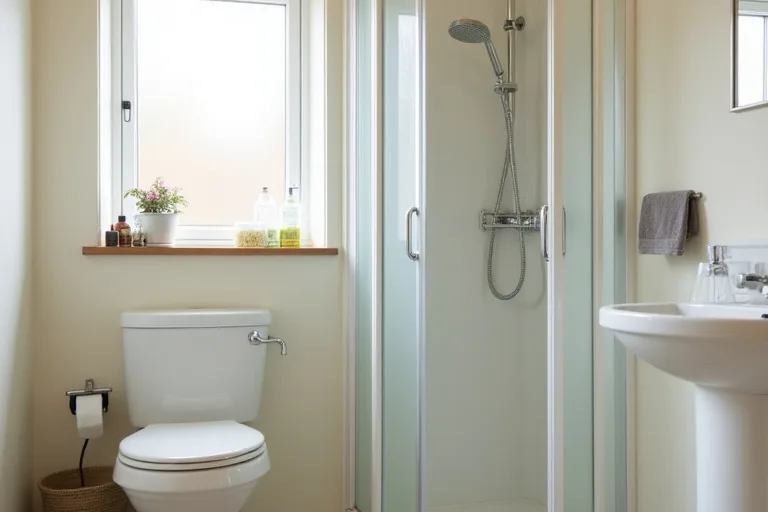 Calm compact bathroom showing vertical storage choices in a practical everyday setting.