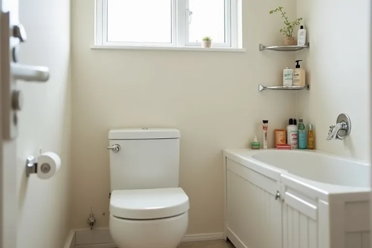 Small bathroom with simple wall shelving above the toilet and a tidy rustproof shower caddy.
