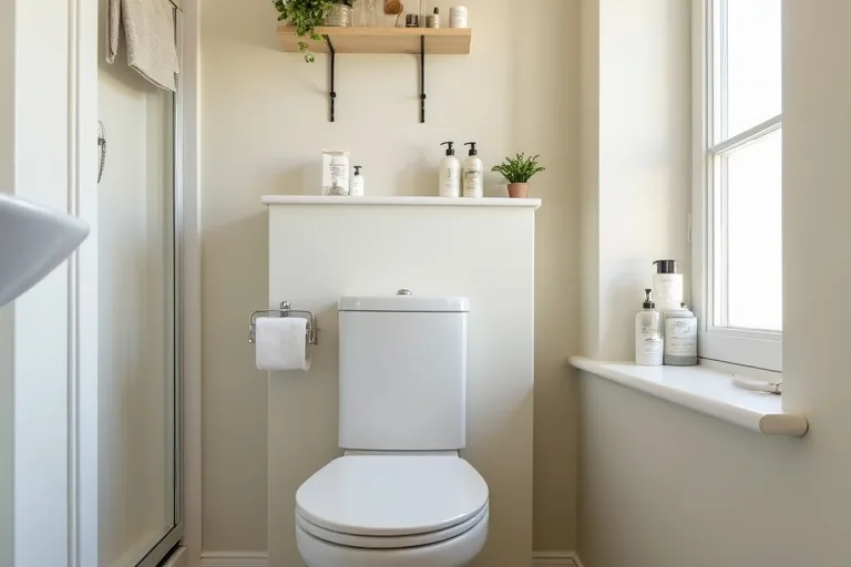 Rustproof shower caddy and simple bathroom shelving in a compact everyday setup.