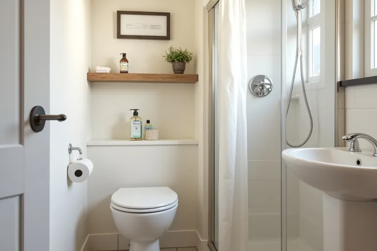 Wall shelf and compact storage helping a small bathroom use vertical space.