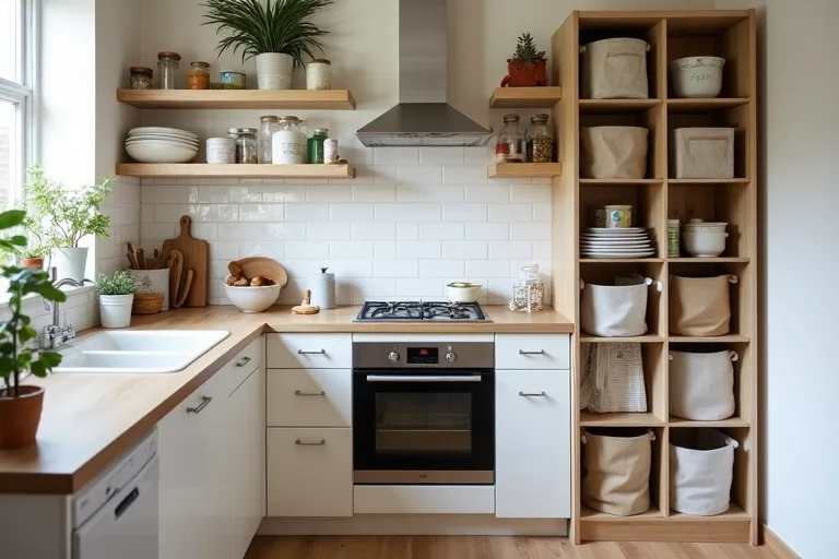 A small kitchen with organized cabinet zones and a practical under-sink storage setup.