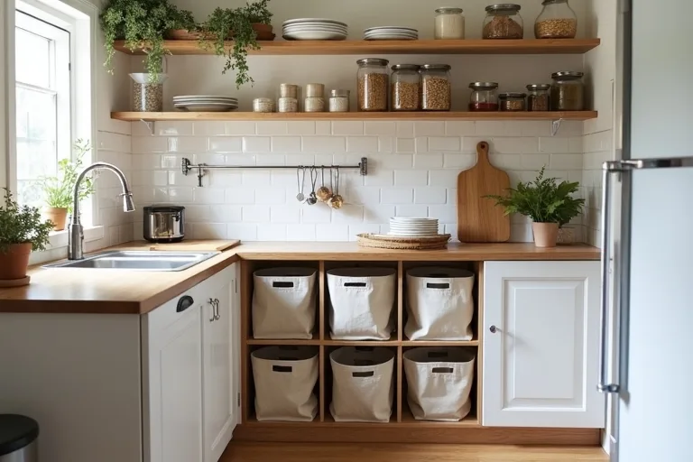 A compact kitchen shelf area organized with jars, dishes, and practical everyday storage.