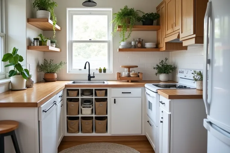 A calm small kitchen with clear counters, a cube organizer used for flexible storage, and a tidy everyday layout.