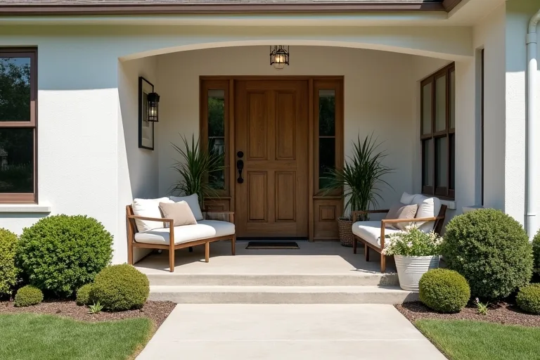 A realistic front porch seating area with neutral pillows and a compact arrangement that fits the space
