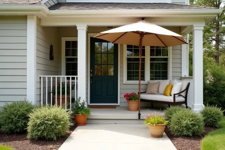 A welcoming front porch with simple seating, shade, pillows, and potted plants in a calm, realistic home setting