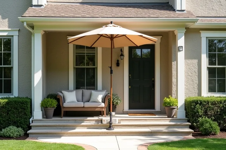 A calm front porch with durable outdoor styling, potted plants, and simple materials that suit everyday use