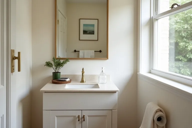 A calm, neutral powder room with a compact vanity, simple storage tray, and soft textures in a realistic home setting