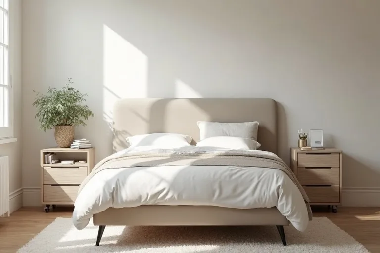 A balanced master bedroom layout with simple furniture that supports a larger room refresh