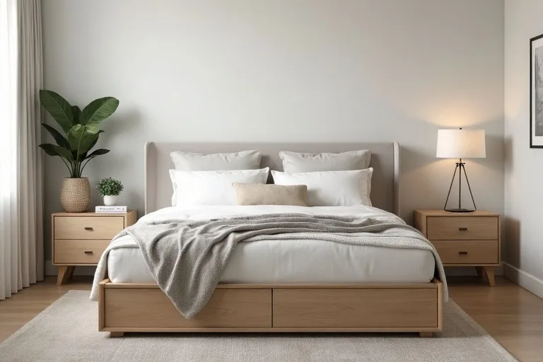 A calm master bedroom with simple furniture and discreet under-bed storage for a budget-friendly refresh