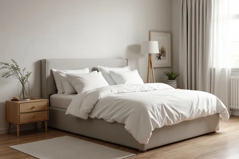 A tidy master bedroom with discreet storage that keeps surfaces clear and the room visually calm