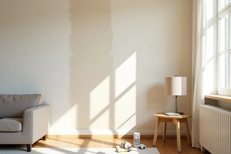 A lived-in living room with paint samples, a roller kit, and natural daylight showing a paint-vs-replace renovation decision.