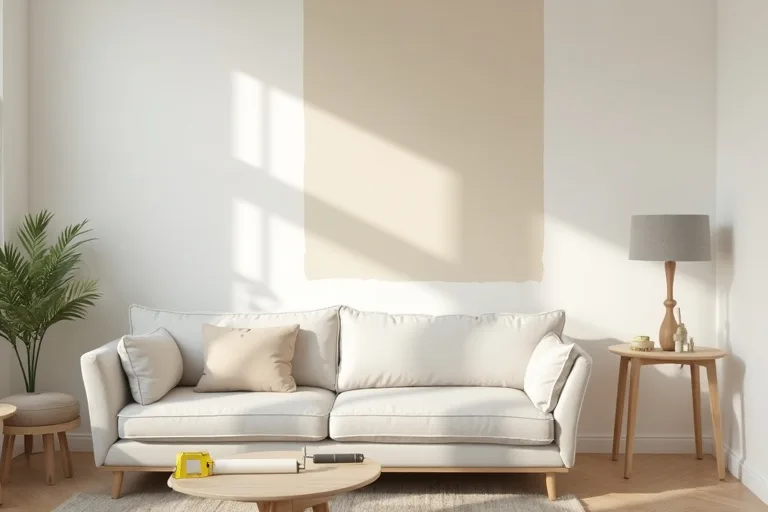 A measured living room scene showing how scale and light affect the choice between painting and replacing.