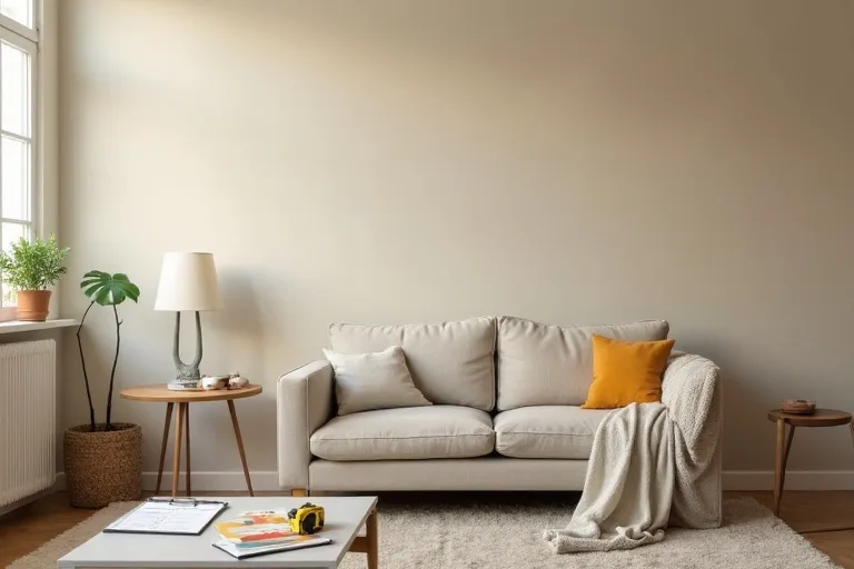 Home planning scene with paint samples, budget notes, and measuring tools used to prioritize the next update