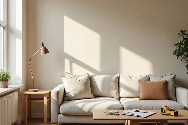 Living room wall with soft neutral paint samples and a functional sofa used to judge whether paint can improve cohesion