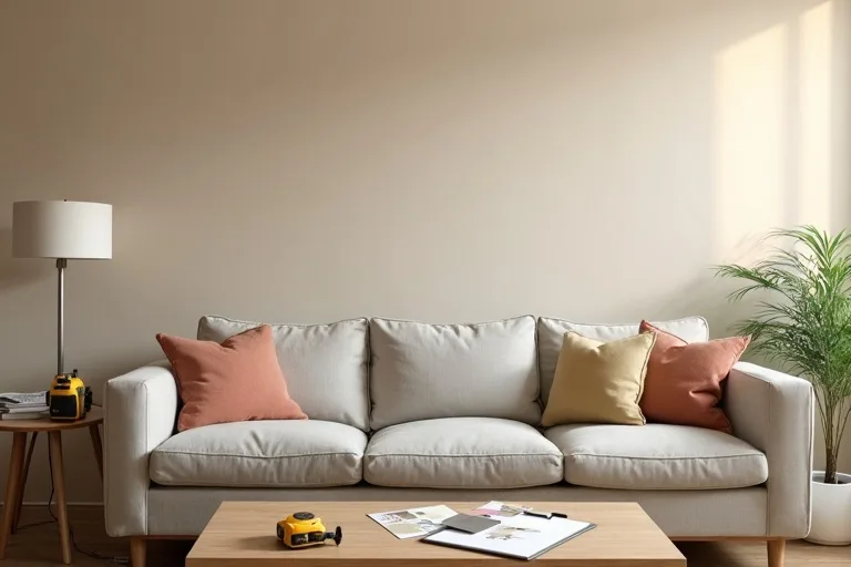 Calm lived-in living room with paint swatches, measuring tools, and a sofa showing a paint-versus-replace planning decision
