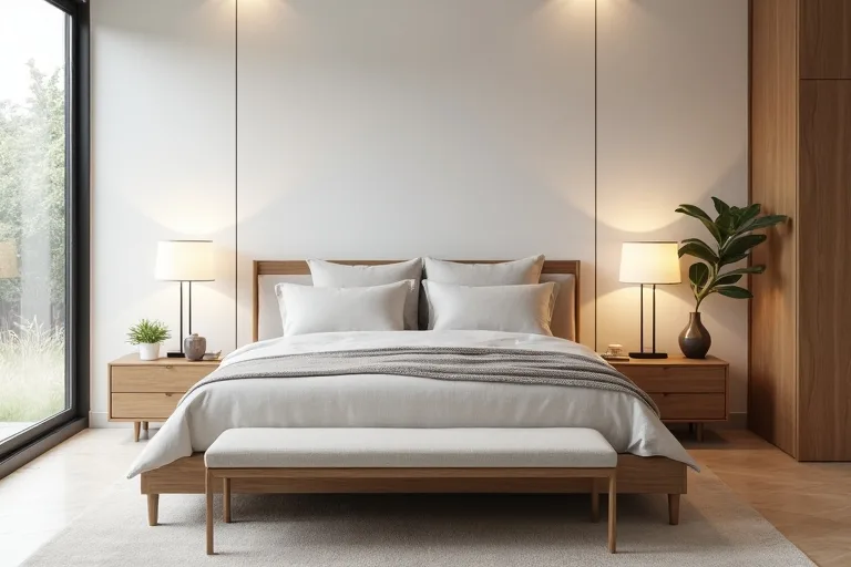 Matching nightstands and balanced bedside lighting in a calm master bedroom