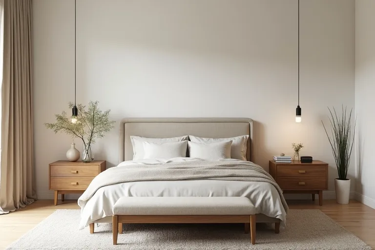 A balanced master bedroom with centered bed, matching nightstands, and hidden storage in a calm, finished layout