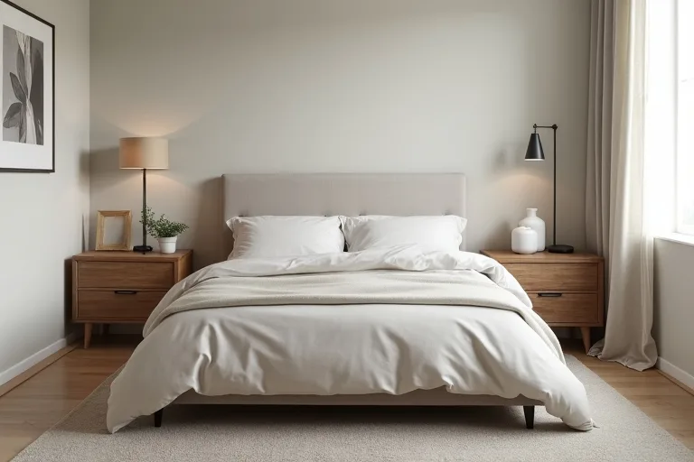 Discreet bedroom storage with a tidy bed area and uncluttered surfaces