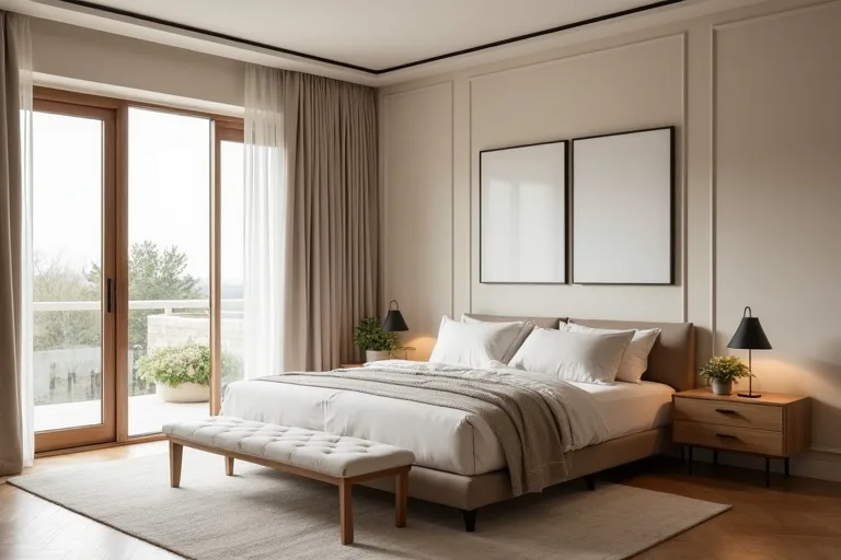 Hidden storage under the bed helping a master bedroom stay calm and uncluttered