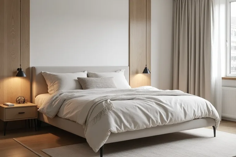 Calm master bedroom styling with neutral bedding, warm wood accents, and balanced bedside furniture