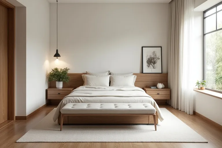 Master bedroom layout with the bed anchored clearly and space used in a more even way