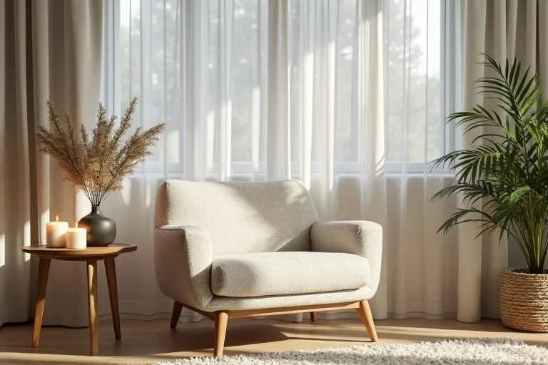 Calm organic modern living room with a boucle accent chair and modern candle holders on a wood side table