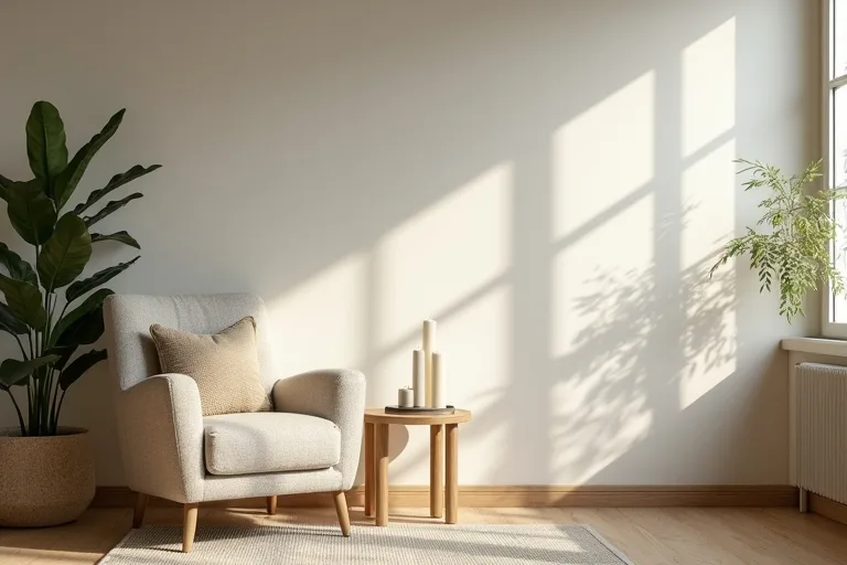 Natural wood side table styled with simple modern candle holders in a calm room