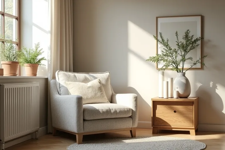 Organic modern bedroom corner with soft neutral styling and a comfortable accent chair