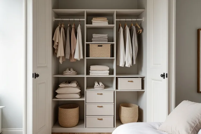 A calm, organized closet with cube storage bins and neatly arranged clothing in a small home space.
