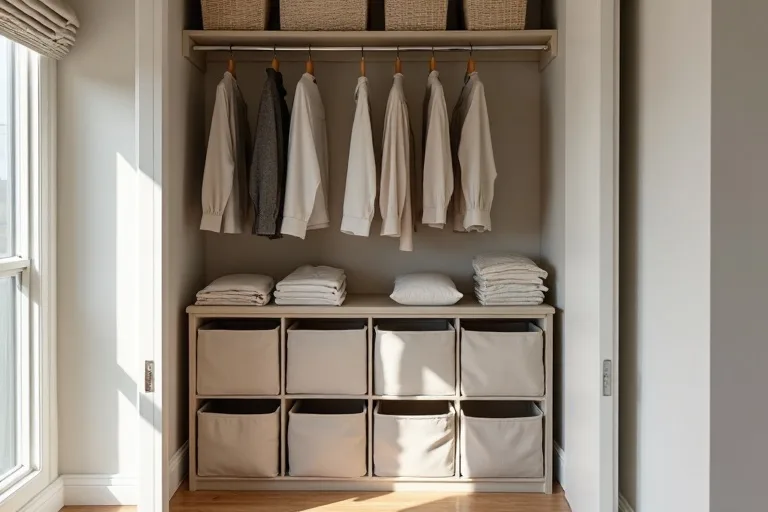 A closet section with folded clothing grouped into clear categories in neutral storage bins.