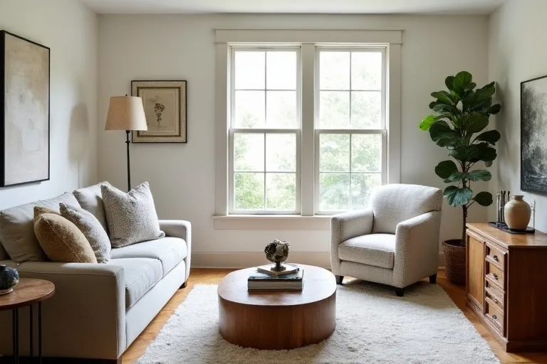 A balanced transitional seating area with mixed wood and metal accents and soft neutral textures