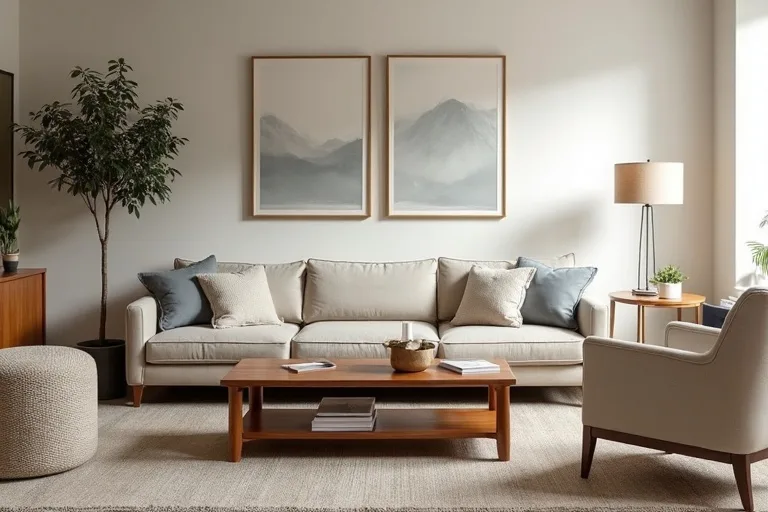 A calm transitional room styled with neutral decor, including a simple vase and a textured accent chair.