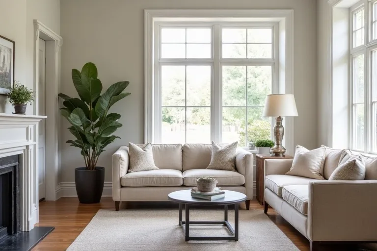 A calm transitional living room with neutral furniture, a boucle accent chair, and simple ceramic vase decor