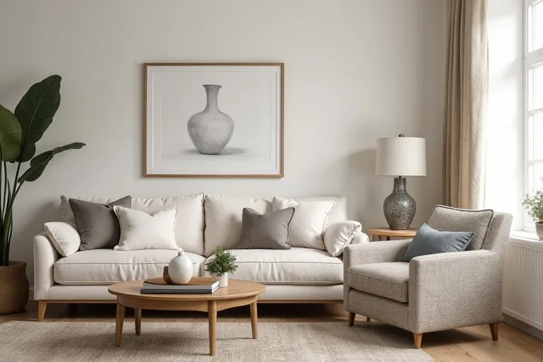 Balanced transitional seating area with a neutral sofa and simple accent pieces