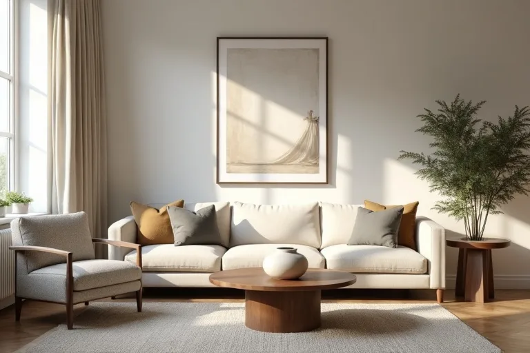 A calm transitional living room with neutral furniture, a boucle accent chair, and ceramic vases in a lived-in home setting.
