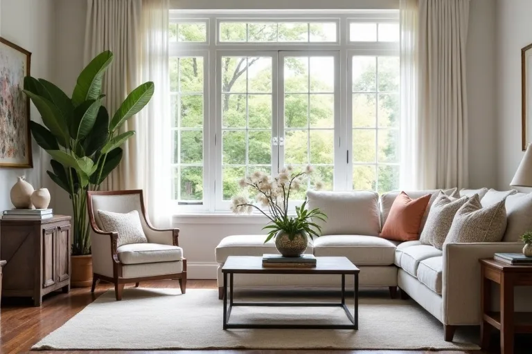 A transitional room finished with soft textures, neutral accents, and a simple lived-in feel