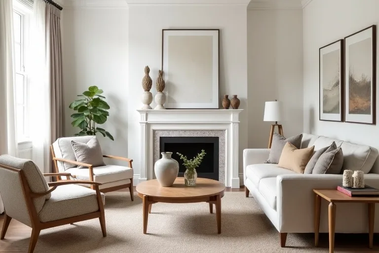 Calm transitional living room with neutral furniture, a boucle accent chair, and simple ceramic vase decor