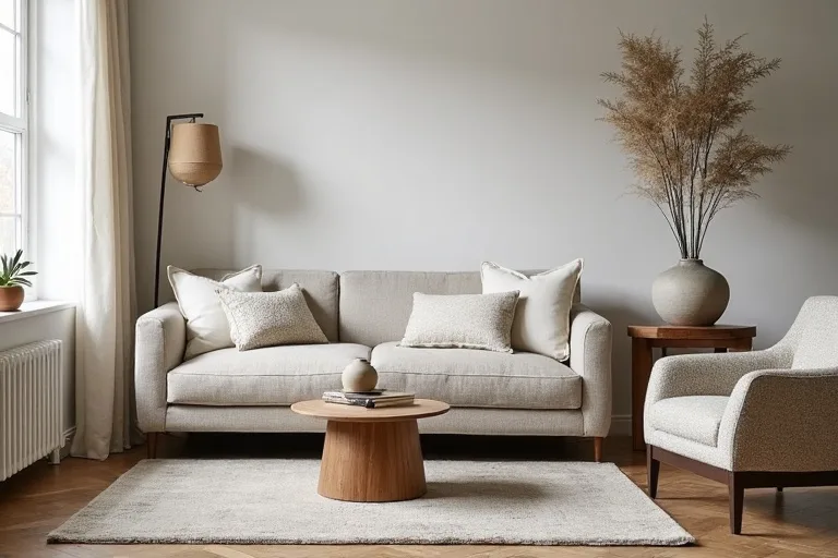 Neutral transitional decor with layered textures and simple ceramic vase styling on a console