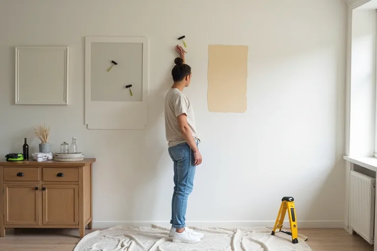 A calm home renovation decision scene with painted surfaces, a measuring tool, and a practical work area for comparing update options.