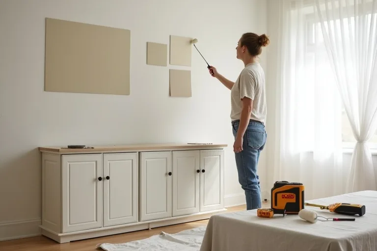 A homeowner comparing paint and replacement options in a bright, lived-in room with paint tools and a laser measure nearby.