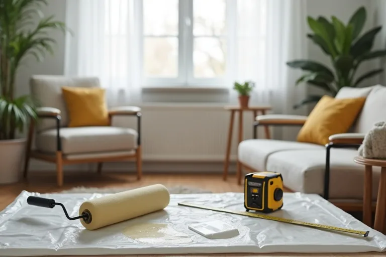 Paint tools on a drop cloth beside a living room wall, showing the low-cost first step in a room refresh.