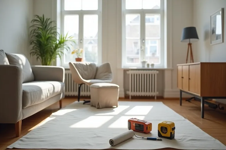 A lived-in living room with paint tools, a laser measure, and a worn furniture piece, showing a budget decision between painting and replacing.