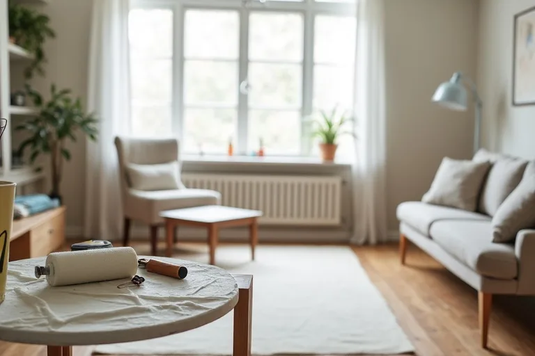 A calm living room corner with fresh paint planning and measured surfaces, showing how paint can refresh a room without replacement.