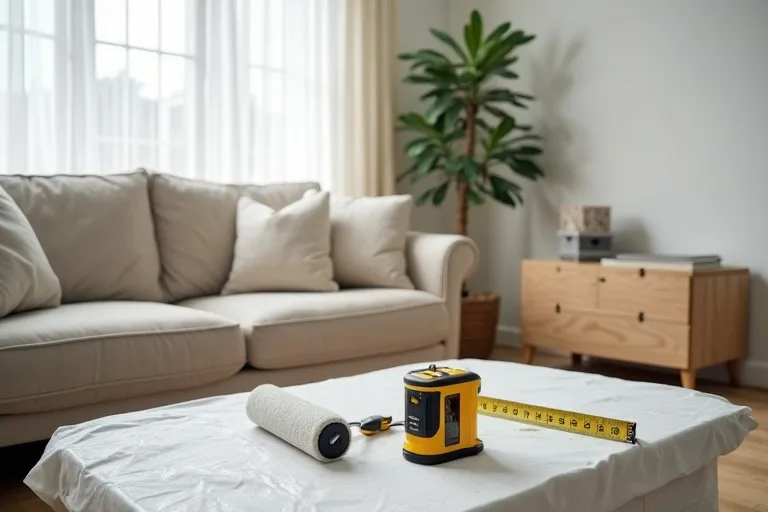 A worn furniture piece in a measured living room layout, showing when replacement may be better than painting.