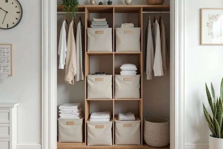 Small closet zone with simple open shelving and folded clothing arranged for easier daily use